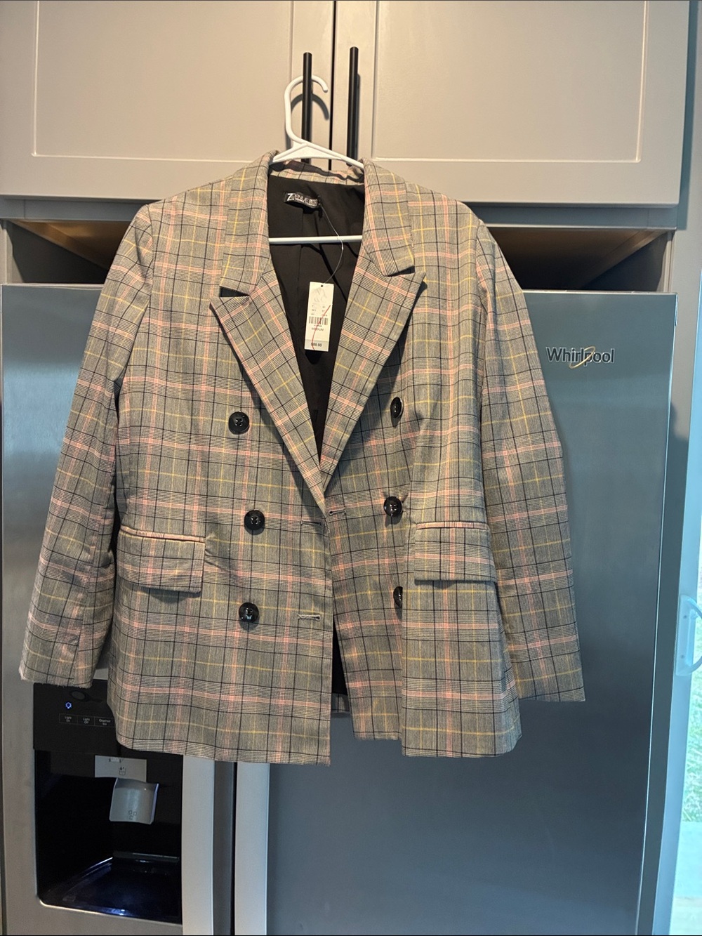 Gray Plaid Double-Breasted Blazer with Pink & Yellow Windowpane